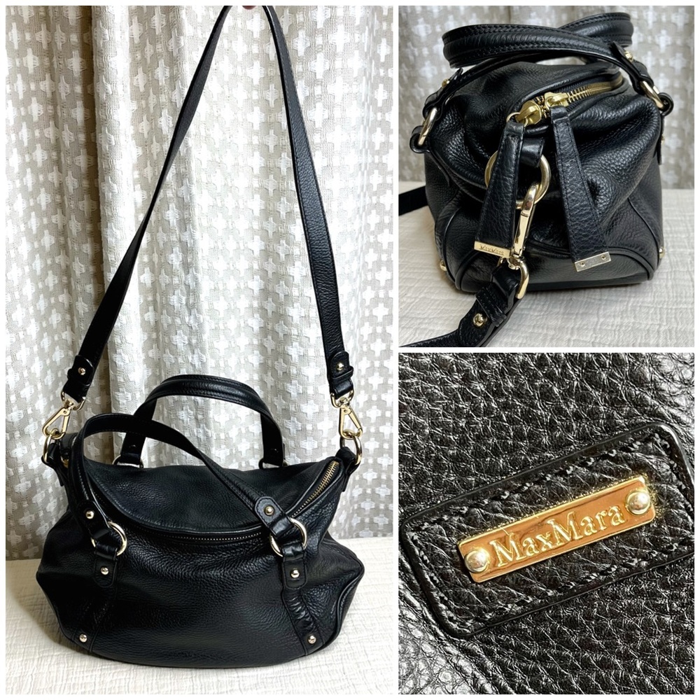 MAX MARA Black Leather Hobo Gold Zip Bag Purse EUC
